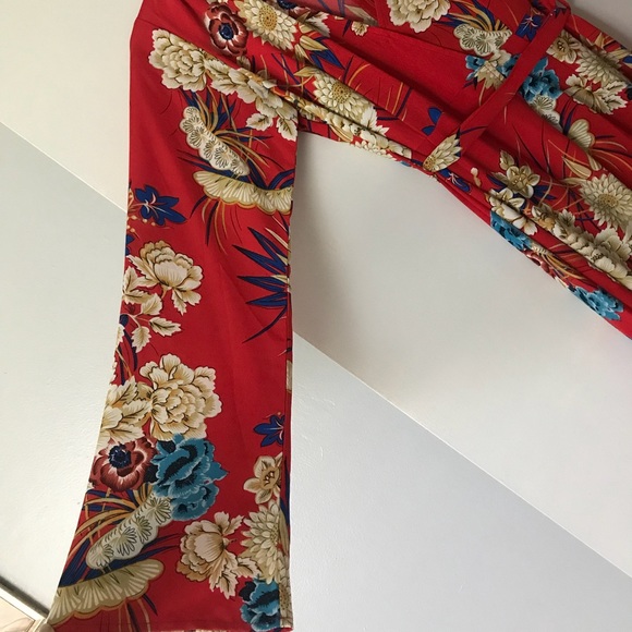 Red Floral Long Sleeve Wrap Dress - Picture 3 of 6